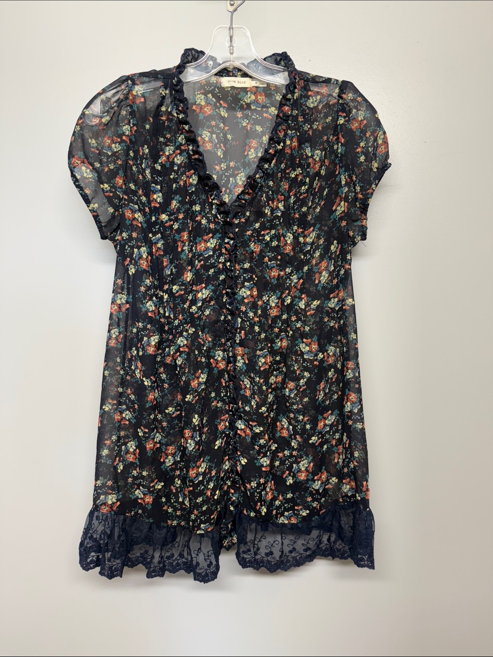 Blue Bird Black Sheer Floral Ruffle V-Neck Long Blouse
